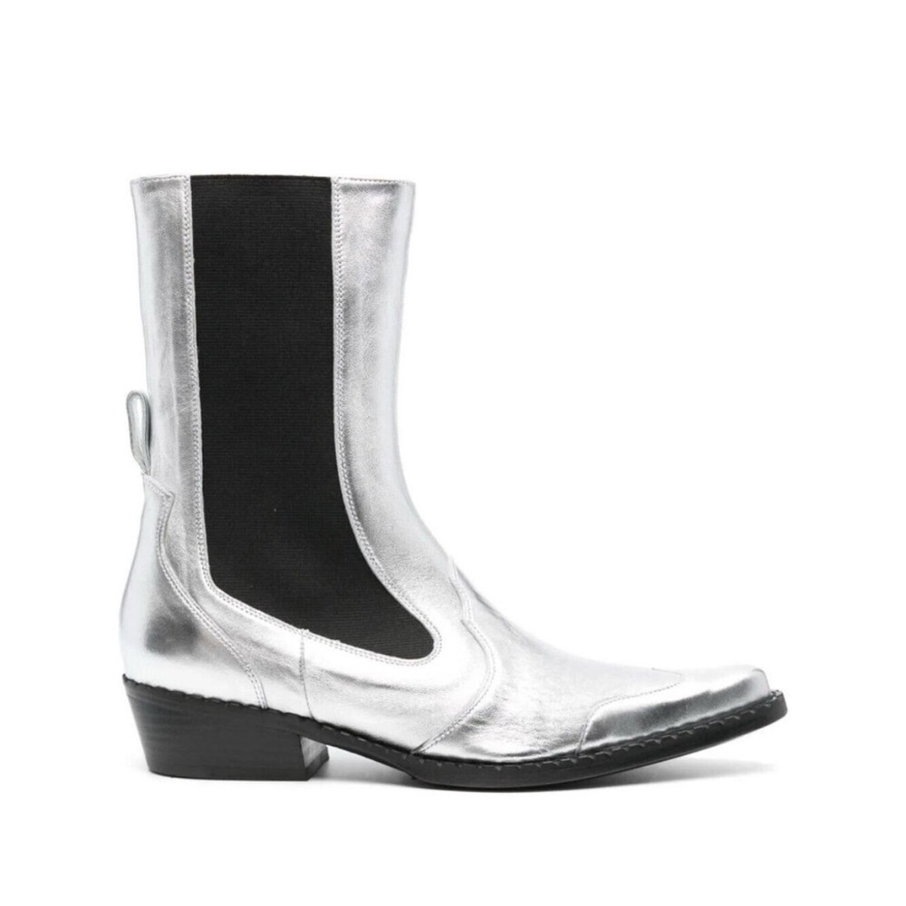 BY FAR Otis Pointed Toe Stretch Block Heel Booties Women's 9/EU 39 Silver/Black